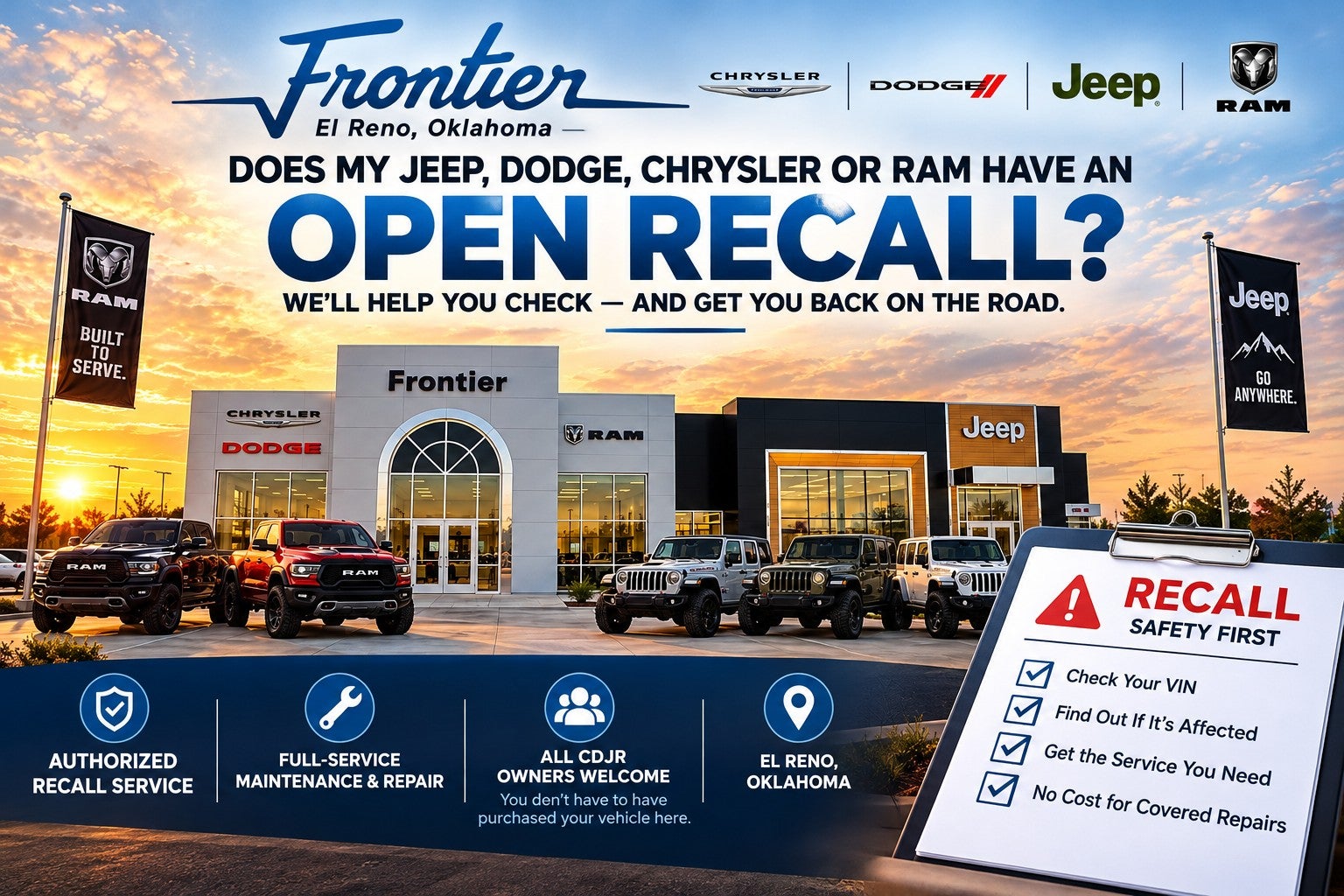 Open recall service for Chrysler Dodge Jeep and Ram vehicles at Frontier CDJR in El Reno Oklahoma