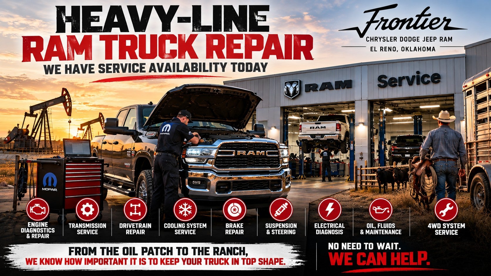 Heavy-line Ram truck repair and service at Frontier CDJR in El Reno Oklahoma for work ranch and oilfield trucks