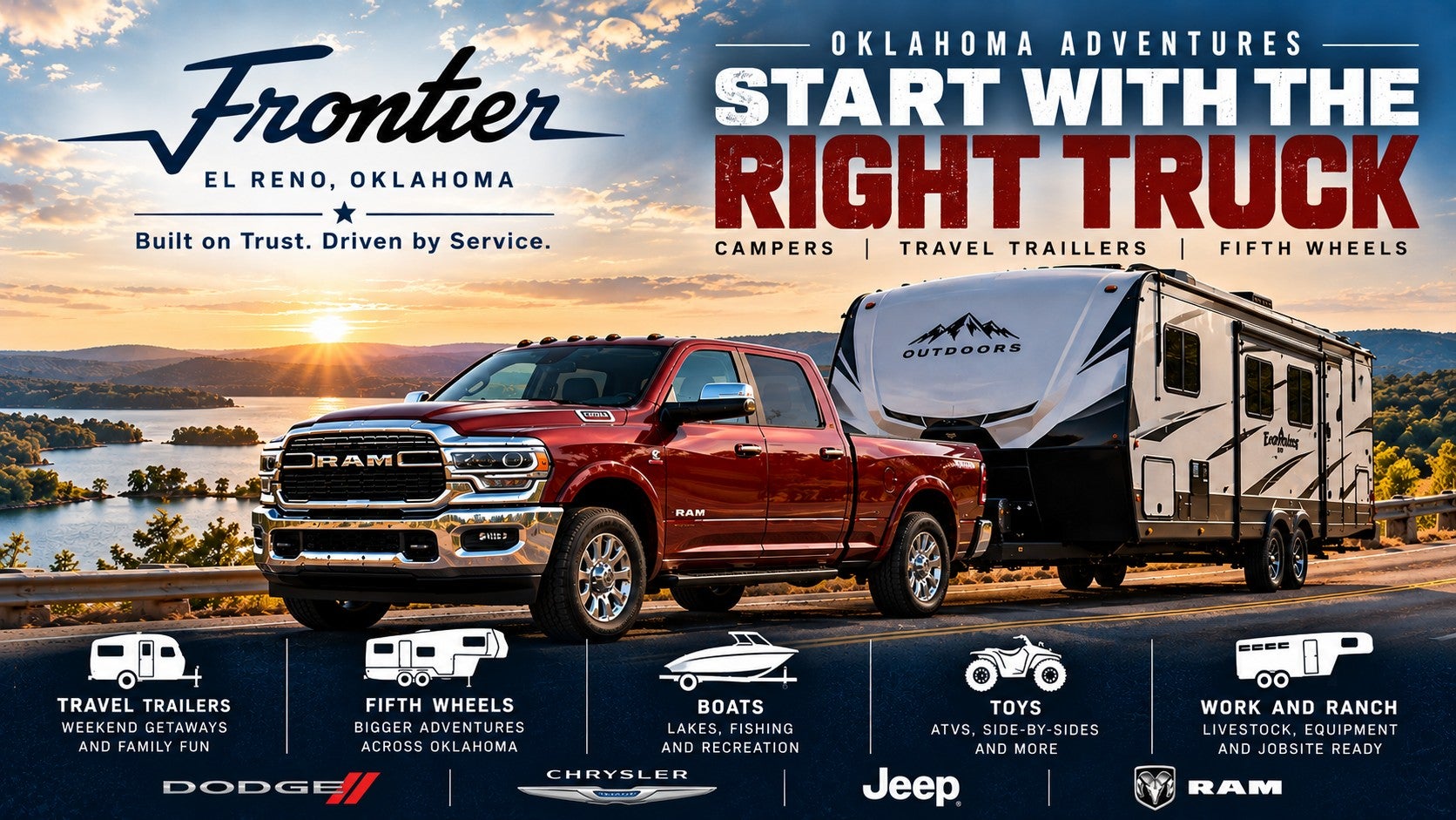 Ram truck towing a camper in Oklahoma from Frontier CDJR in El Reno